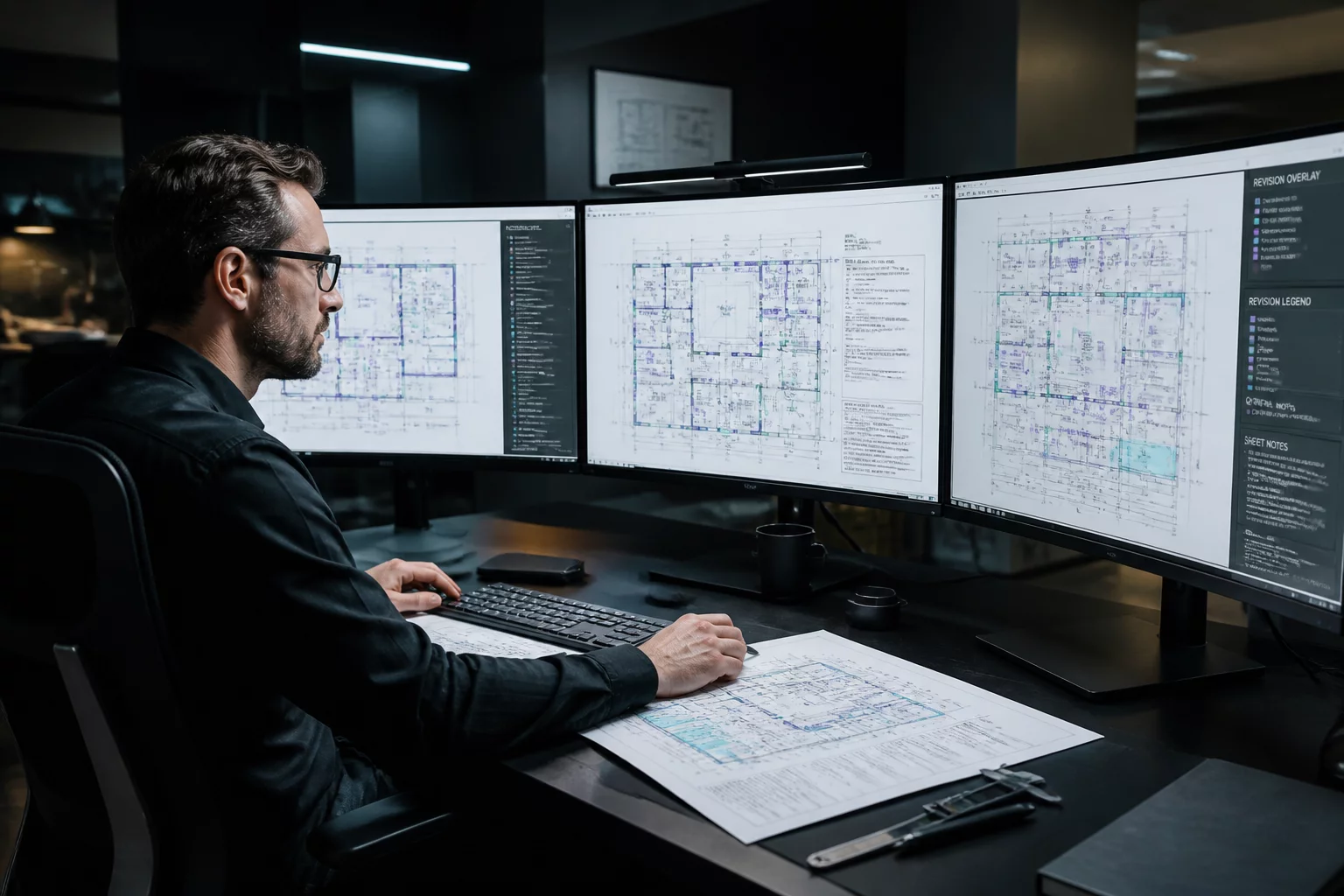 Engineers reviewing blueprint overlay in dark room
