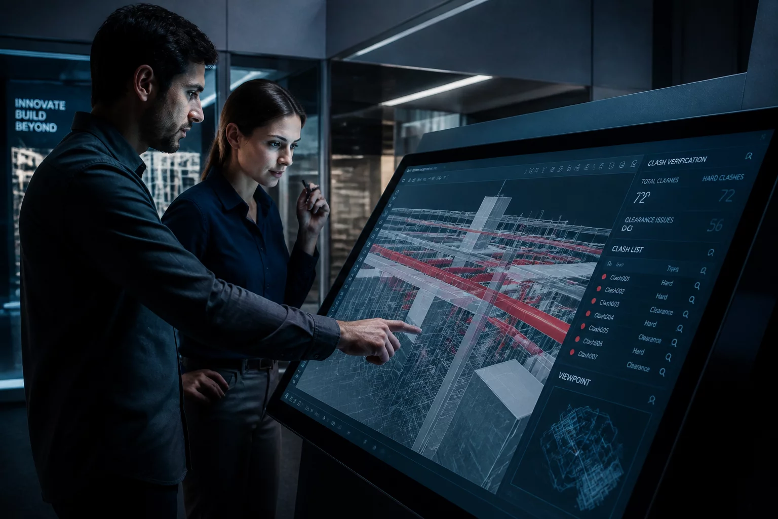 Two reviewers analyzing clash detection data on tablets
