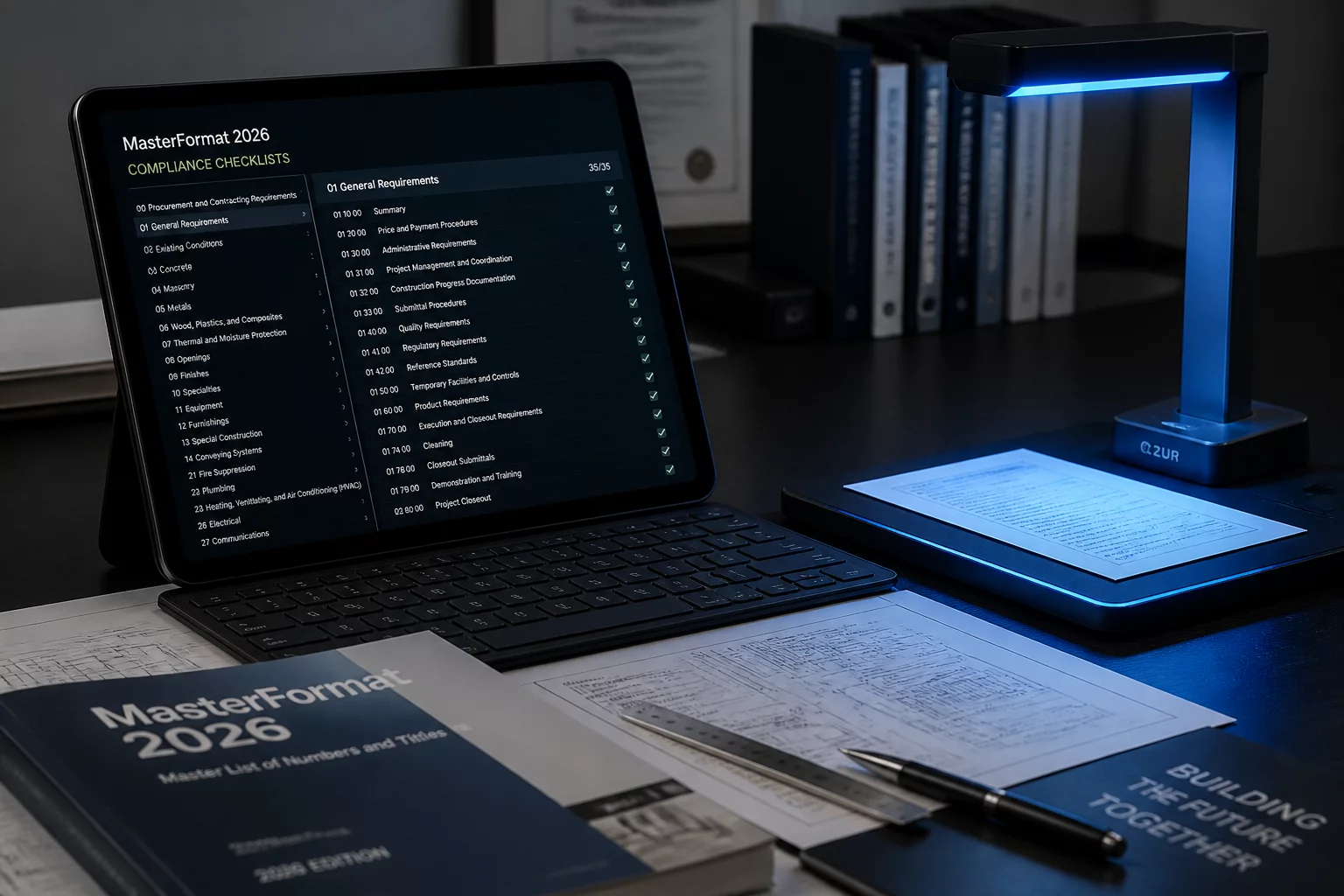 Engineer verifying digital spec book and MasterFormat standards
